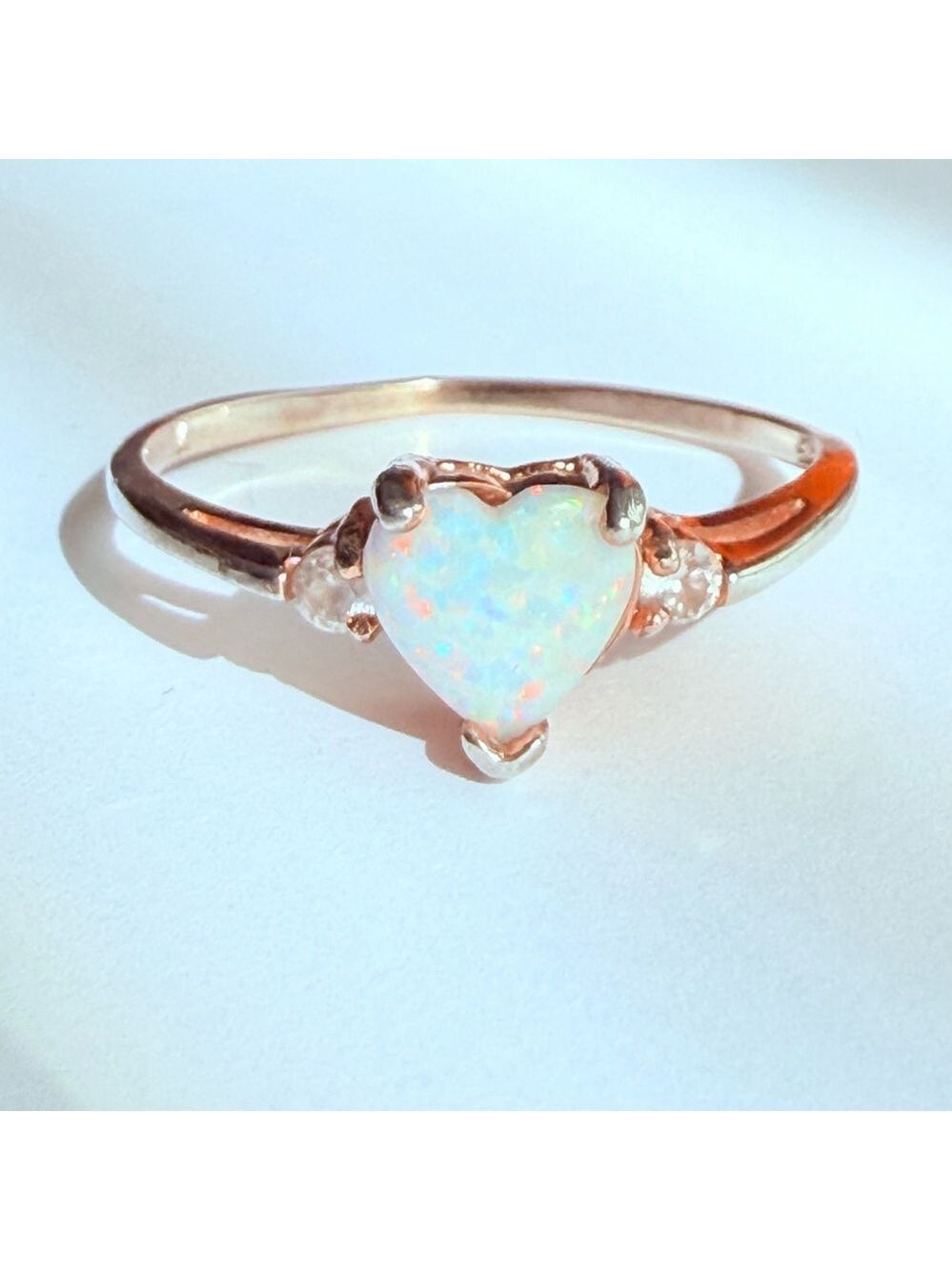 Fire Opal .72 CT Heart Cabochon CZ Sterling Silver 925 Rose Gold Band Ring